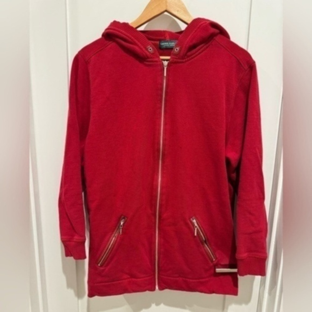 Lauren Ralph Lauren Women Hoodie Full Zip Leather Pocket Size L Red 100 % Cotton
